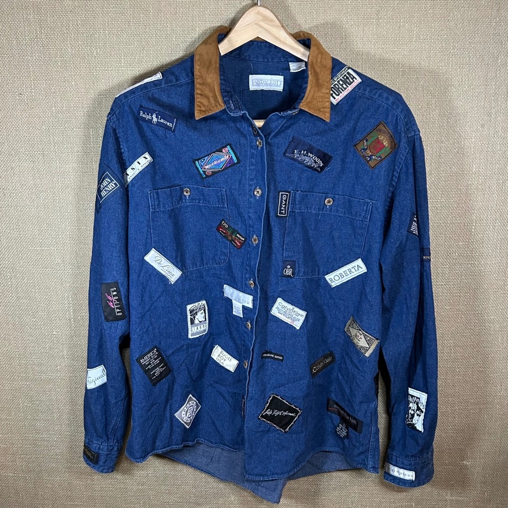 Vintage Lands End Denim‎ Patchwork Label Shirt Corduroy Collar Blue Large USA